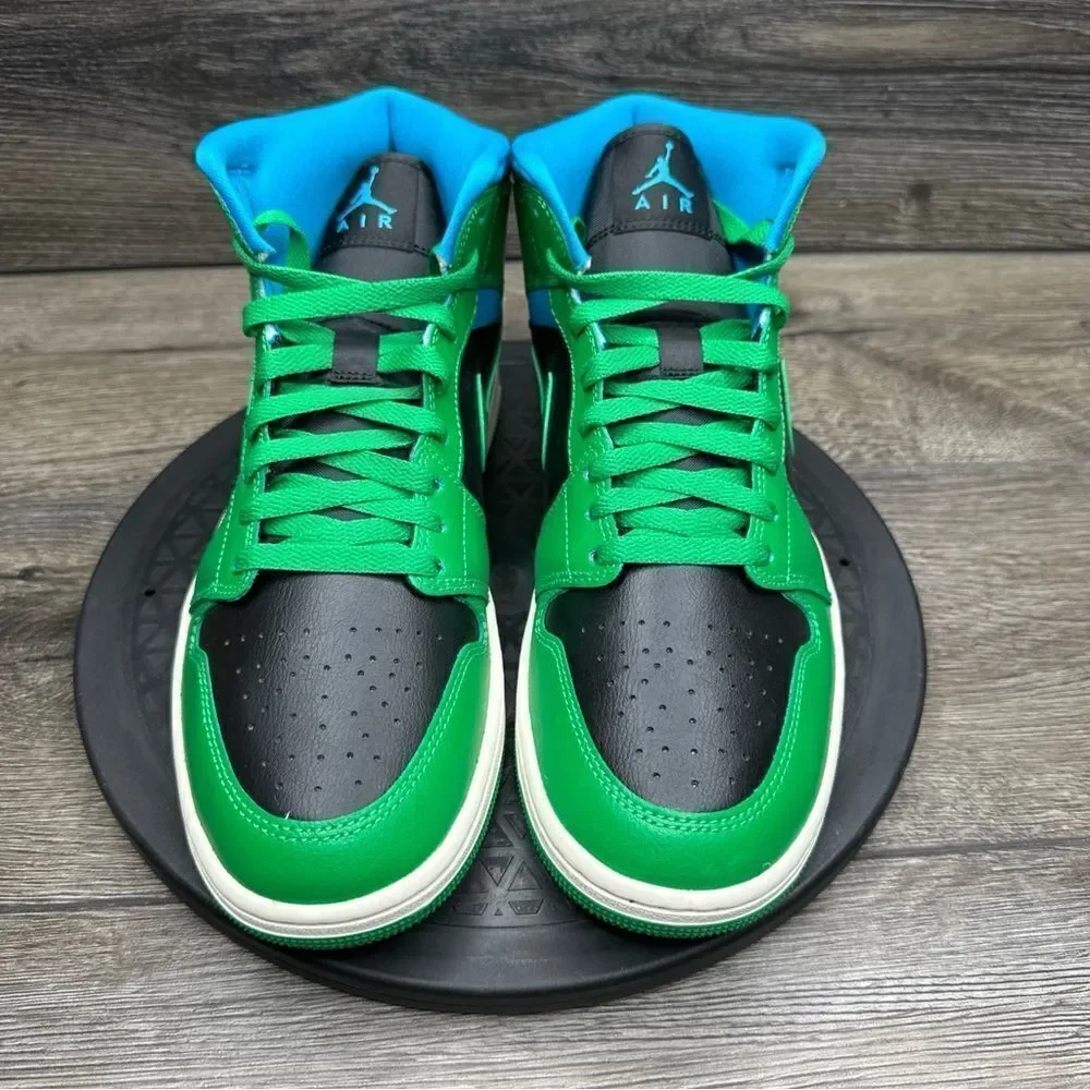 Nike Air Jordan 1 Mid Shoes Black Lucky Green Aquatone BQ6472-033 Women Sz 10.5